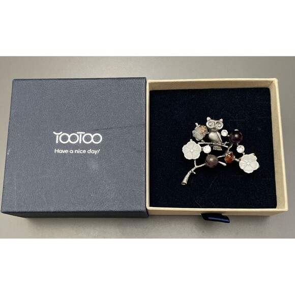 Owl On A Branch Brooch Natural Stone Flower Hijab Pin Costume Jewellery - Picture 1 of 9